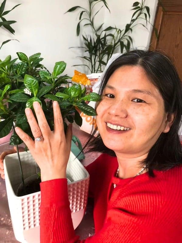image of smiling woman holding up a potted plant
